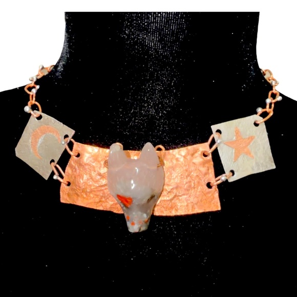 Handcrafted Bloodstone Wolf Necklace Upcycled Copper & Silver Statement Jewelry - Picture 13 of 15